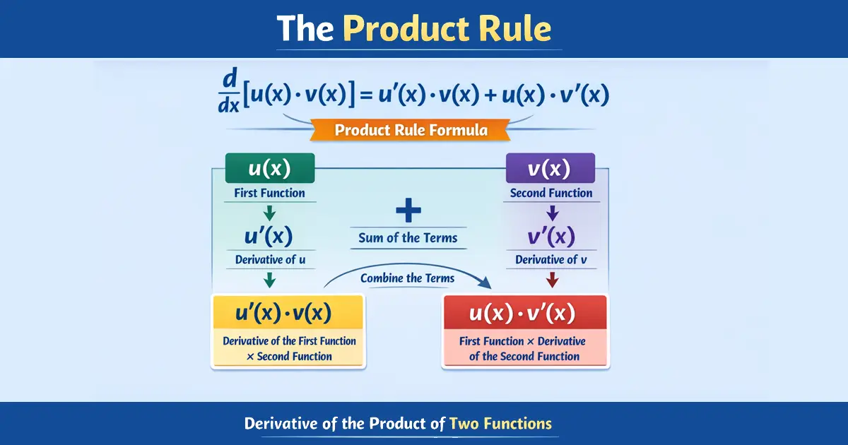 Product Rule Formula: d/dx[u(x)·v(x)] = u′(x)·v(x) + u(x)·v′(x) — colour-coded diagram showing factor breakdown